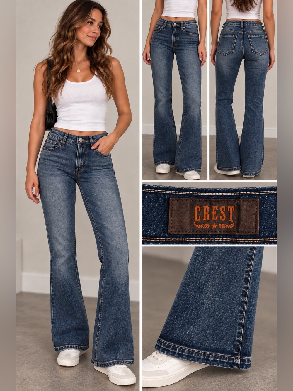 CREST Dark Wash Flare Jeans Y2K Low Rise Bootcut Denim